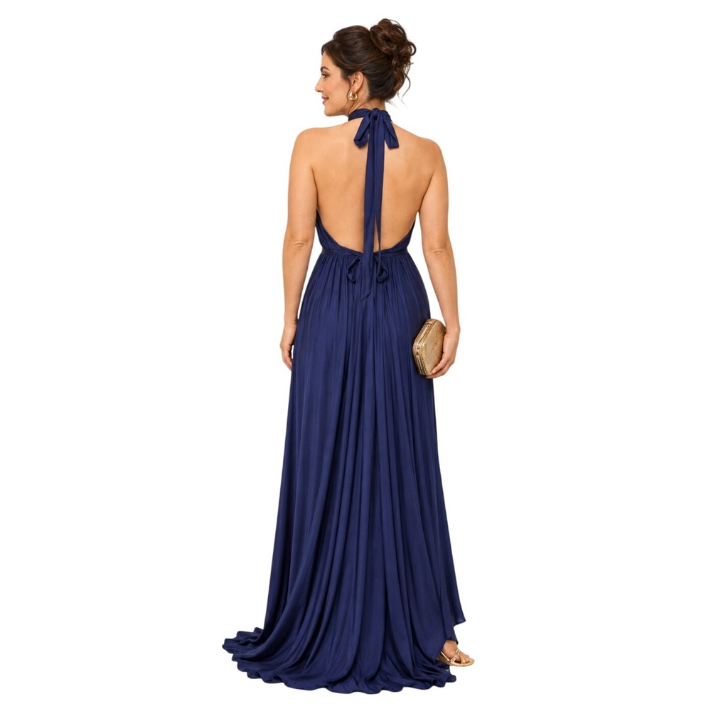 Nicole Bakti Navy Halter Maxi Dress Open Back Gold Belt Formal Gown - Picture 2 of 12